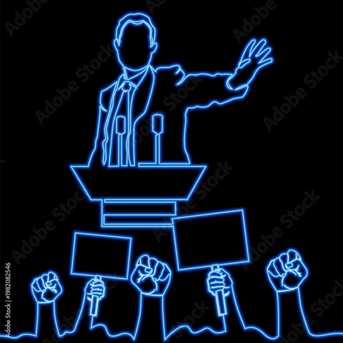 Male speaker gesturing passionately in front of crowd with protest signs icon neon glow vector illustration concept