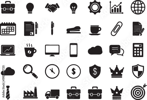 Business icons collection - finance office supplies technology analytics graphics with coffee cup