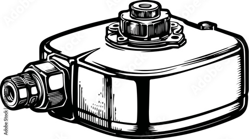 Black and white vector illustration of a hydraulic reservoir with connections