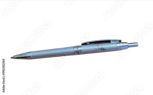 Silver metal ballpoint pen isolated on white background with textured grip and clip detail clear