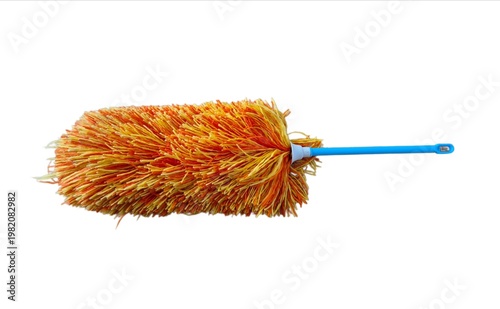 Bright orange feather duster with blue handle isolated on clean white background
