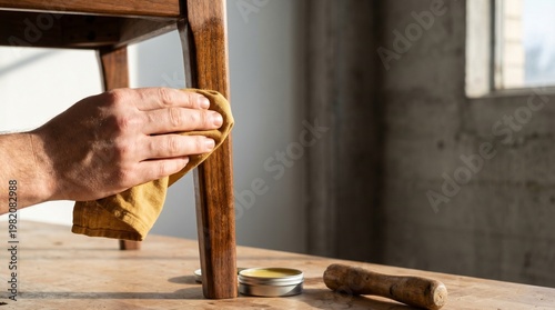 A hand uses an ochre linen rag to apply natural wax to a walnut wood chair leg. Hard raking light reveals the deep wood grain, oily sheen, and micro-indents on the skin during the upcycling process.