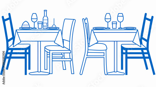 Two dining tables set for dinner, outlined in blue, chairs arranged with tableware