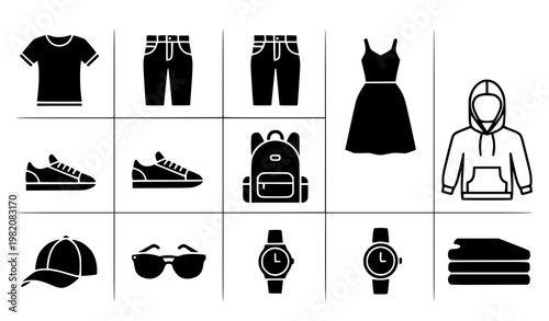 Casual Women Clothing Icon Set with Everyday Outfit and Fashion Accessories Solid Vector Collection
