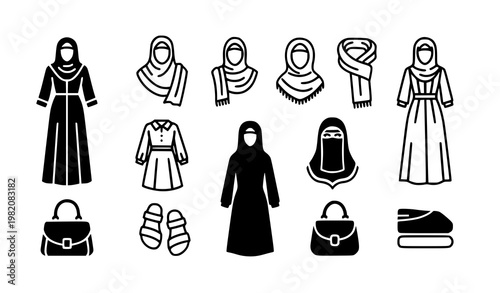 Muslim Women Modest Clothing Icon Set with Abaya Hijab and Traditional Outfit Solid Vector Collection