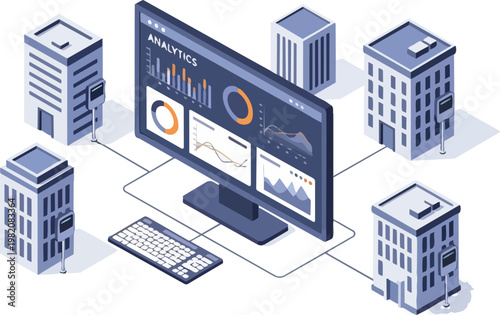 Isometric Smart City and Real Estate Data Analytics Dashboard Monitoring Multiple Office Buildings on Desktop Computer Screen, Digital Business Connectivity Illustration