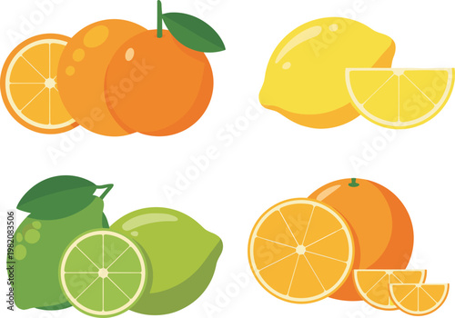 Citrus fruits set orange lemon and lime, fresh juicy slices vector illustration collection