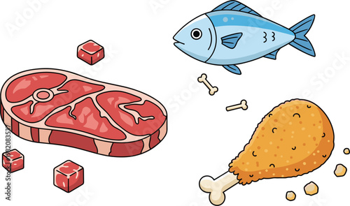 Illustration of Fresh Meat, Fish, and Fried Chicken Drumstick with Bone and Cubes