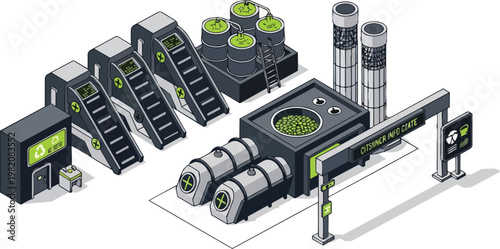 Isometric Waste Management Facility and Sustainable Recycling Plant with Green Energy Symbols and Industrial Machinery
