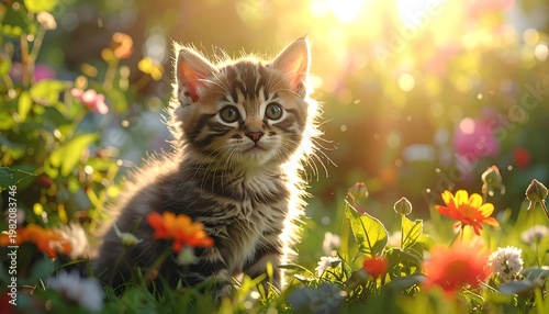 Small tabby kitten sits in lush field of flowers bathed in golden sunlight