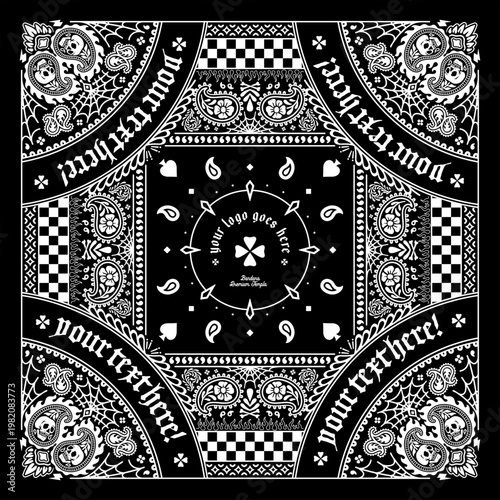 Bandana template black and white paisley pattern combined with skull elements, checkerboard accents, and ornamental line art