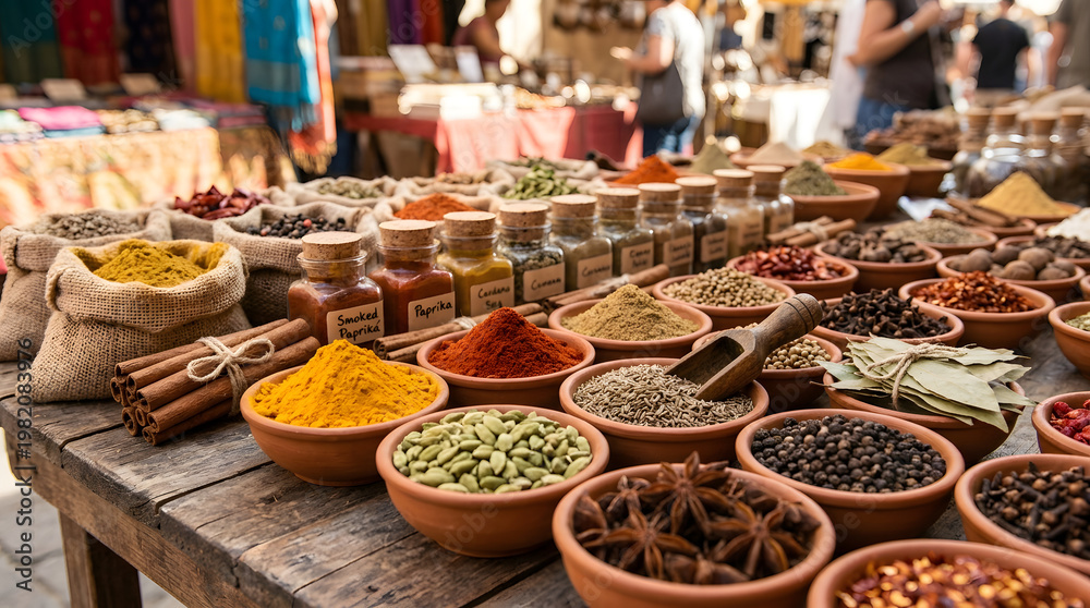Fototapeta premium Photos of various spices on the market
