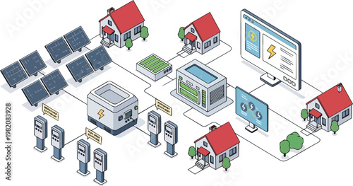 Smart Energy Grid and Solar Power System Illustration Featuring Sustainable Residential Houses, Battery Storage, and Electric Vehicle Charging Stations