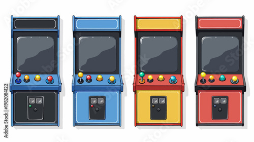Four colorful pixel art arcade cabinets in a row with joysticks and button controllers