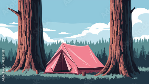 Pink camping tent is pitched between two massive redwood trees in a dense forest during a peaceful outdoor summer adventure trip.