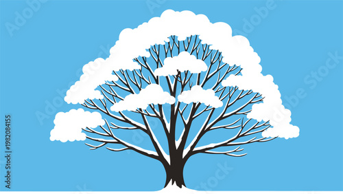 Elegant winter tree with snow-covered branches is centered against a bright blue sky to evoke a quiet and frosty seasonal atmosphere.