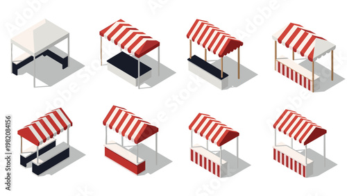 Isometric red and white striped market stalls from various angles provide useful assets for creating street fair or festival layouts.