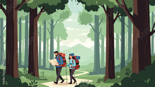 Active hikers with backpacks and a map walk through a lush green forest trail while enjoying their outdoor adventure in the wilderness.