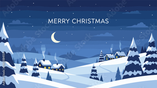 Merry christmas greeting card features a cozy winter village with snowy houses and pine trees under a starry night sky with a moon.