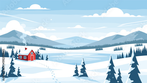 Serene winter landscape shows a small red cabin by a frozen lake surrounded by pine forests and high mountains under a cloudy sky.