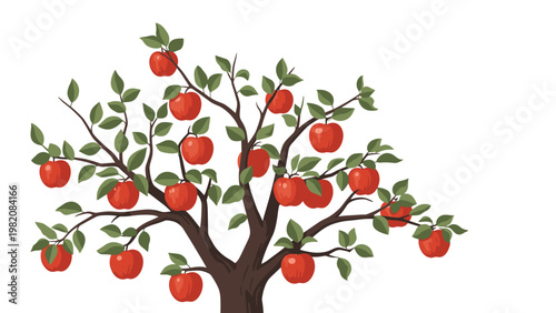 Apple tree with a thick trunk is heavily laden with ripe red fruit and green leaves against a plain white background in flat vector style.