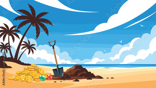 Hidden treasure on a tropical beach includes a pile of gold coins and colorful gems next to a shovel and a hole in the sand by the sea.