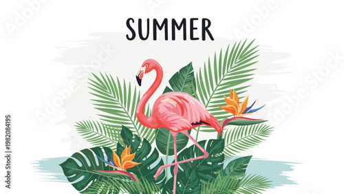 Pink flamingo stands gracefully among large tropical green leaves and exotic flowers in a vibrant summer themed vector illustration.
