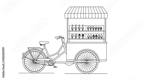 Black and white line drawing of a traditional ice cream bicycle cart with various cones on display for coloring or logo design ideas.