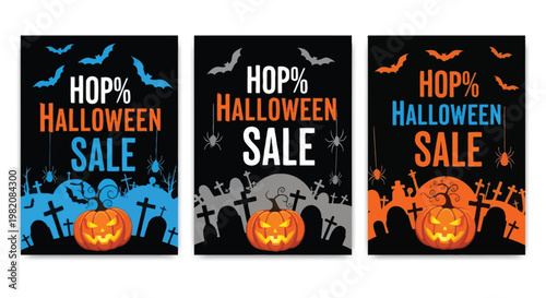 Halloween sale banners, hop percent off, promotional posters