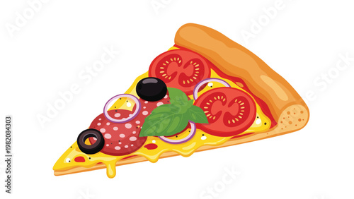 Realistic illustration of a delicious slice of pizza topped with melted cheese, tomato slices, pepperoni, red onions, olives, and basil.