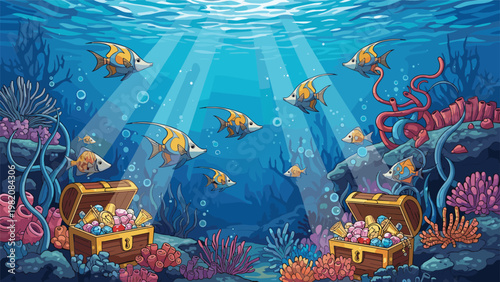 Beautiful underwater landscape with schools of colorful fish, coral reefs, and two open treasure chests filled with gold on sea floor.
