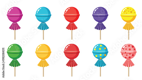 Set of ten round lollipops in various colors and patterns like stripes and dots arranged in two rows on a plain white background.