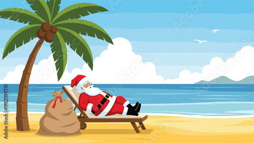 Santa Claus taking a break after Christmas, lounging on a sunbed under a palm tree at a sunny tropical beach with his sack of gifts on sand.