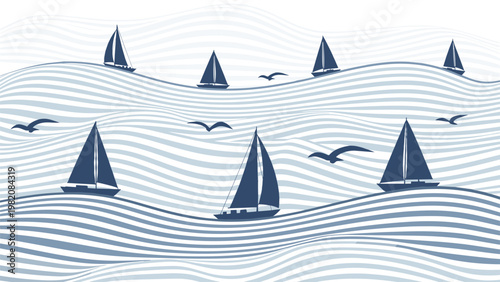 Stylized pattern of dark blue sailboats navigating through a sea of grey and white striped waves with seagulls flying high above.