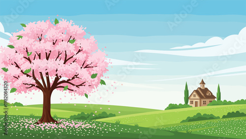 Idyllic spring landscape featuring a large pink blooming cherry tree in a green field with a small house and hills under a blue sky.