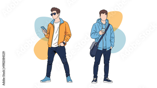 Two stylish young men standing in casual outfits with coffee and a phone against a background of soft colored geometric shapes.