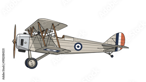 Side view of a classic vintage military biplane with a wooden propeller and British Royal Air Force markings on a white backdrop.