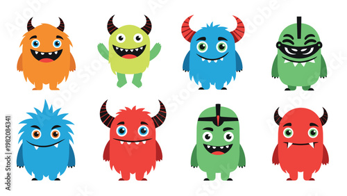 Collection of eight unique and colorful cartoon monsters with different expressions and horns are arranged on a clean white background.