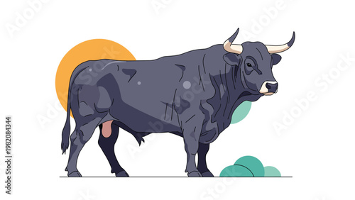 Powerful black bull with sharp horns standing against a background of orange and green circles on a plain white background area.