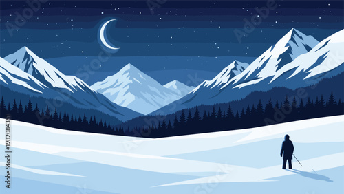 Lonesome figure standing in a vast snowy valley under a crescent moon and starry night sky with majestic mountain peaks nearby.