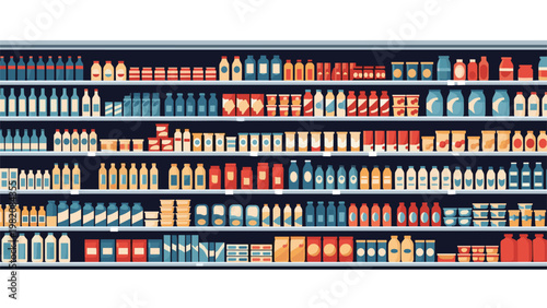 Grocery store shelves are stocked with an extensive variety of colorful products and containers in a neat organized arrangement.