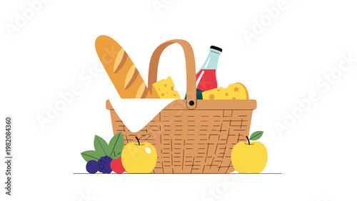 Woven picnic basket filled with a fresh baguette, cheese, wine, and fruit is set for a relaxing outdoor meal on a sunny day.