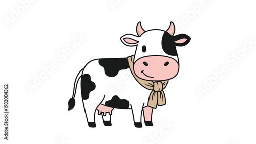 Adorable cartoon cow wearing a beige knitted scarf stands cheerfully on a white background in a cute and simple vector art style.