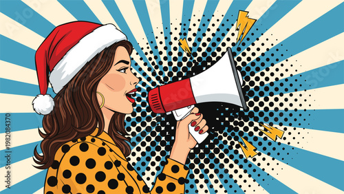 Beautiful woman wearing a Santa hat shouts into a megaphone against a vibrant pop art background with comic style sunburst and dots.