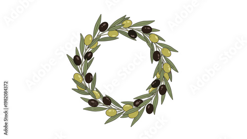 Decorative olive wreath composed of green branches with both black and green olives forms a circular frame in a classic style.