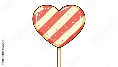 Large heart shaped lollipop with red and white diagonal stripes is shown on a stick as a sweet treat for a special occasion.