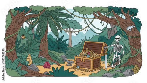 Spooky skeleton stands next to an open treasure chest overflowing with gold coins and gems in a dense tropical jungle setting.