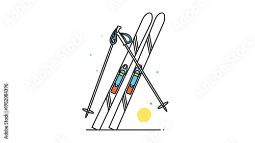 Pair of modern skis and poles are leaned against each other with colorful abstract circles and dots in the background.