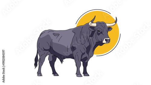 Powerful dark bull with sharp horns stands strongly in front of a bright yellow circle in a bold and artistic vector illustration.