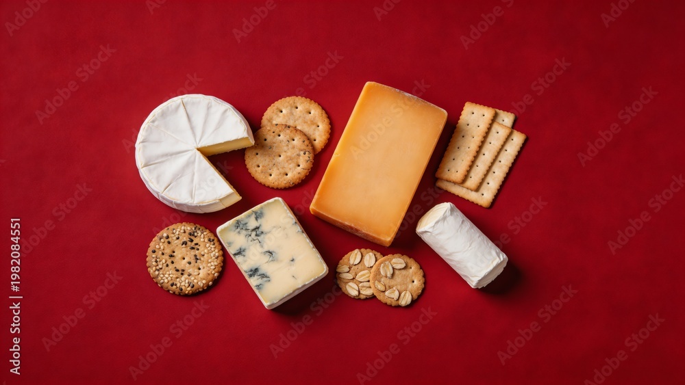 Fototapeta premium A beautifully arranged selection of artisanal cheeses and crackers on a rich red background, perfect for a gourmet snack or nutrition display, showcasing a variety of textures and colors.